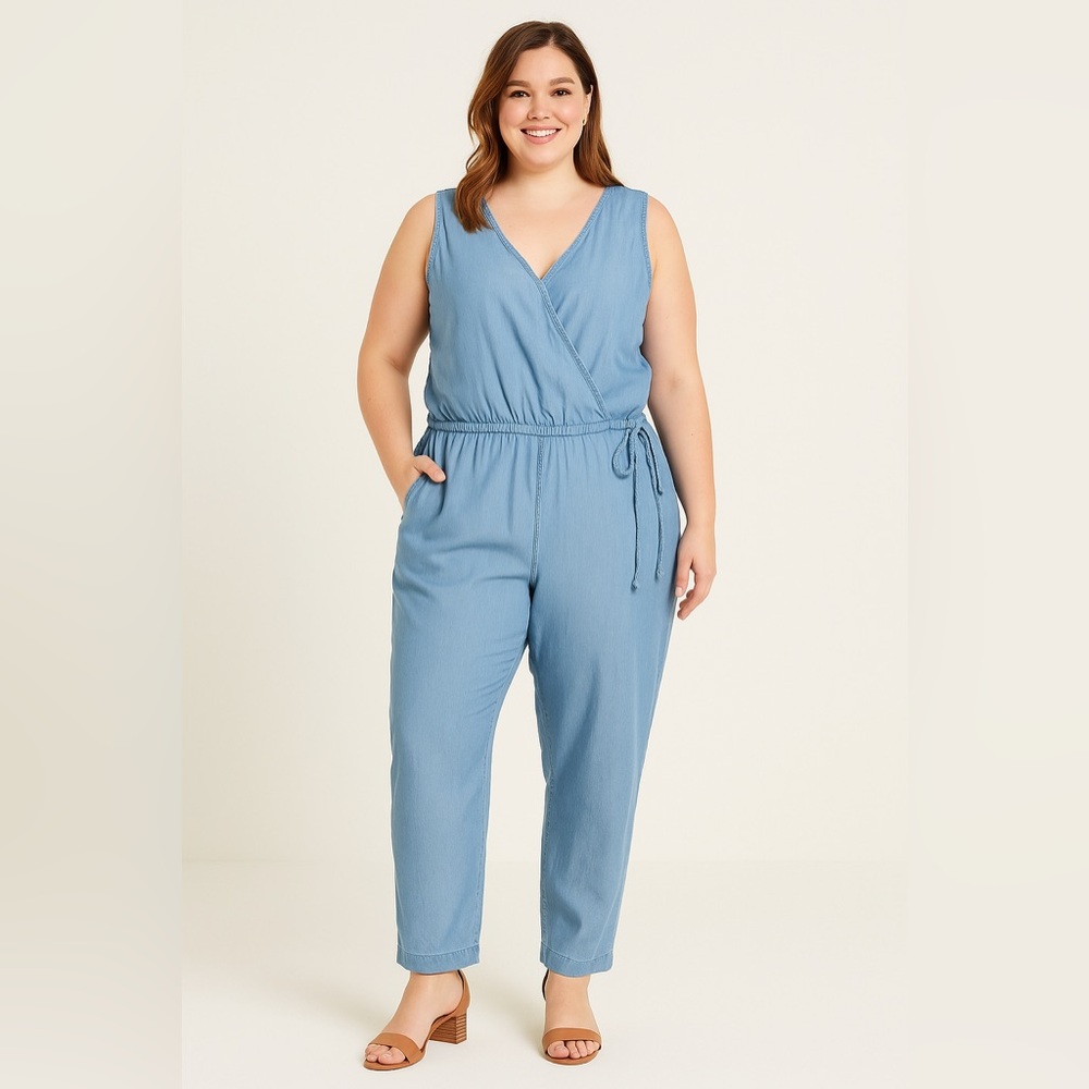 Colleen Lopez Women’s 3X Sleeveless Chambray Soft Denim Look Casual Jumpsuit